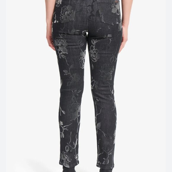 Joseph Ribkoff Quiet Luxury Tonal Floral Textured Charcoal Gray Jeans 4 - Picture 3 of 12
